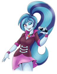 Size: 5100x6600 | Tagged: safe, artist:ambris, sonata dusk, equestria girls, g4, my little pony equestria girls: rainbow rocks, absurd resolution, beautiful, breasts, cleavage, clothes, colored pupils, cute, eyeshadow, female, gem, jewelry, looking at you, makeup, microphone, moe, necklace, one eye closed, pendant, ponytail, siren gem, skirt, skirt lift, smiling, solo, thighs, wink