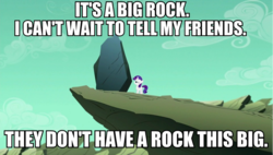 Size: 811x460 | Tagged: safe, edit, edited screencap, screencap, rarity, g4, the cutie re-mark, boulder, buffy the vampire slayer, crossover, female, filly, filly rarity, image macro, meme, rarity's destiny, rock, sarcasm, solo, youtube link