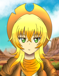 Size: 1500x1900 | Tagged: safe, artist:ciderpunk, oc, oc only, oc:applesunrise, human, bandana, bust, clothes, colored pupils, cowboy hat, desert, hat, humanized, humanized oc, looking at you, solo, western