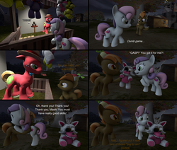 Size: 3820x3240 | Tagged: safe, artist:red4567, big macintosh, button mash, sweetie belle, earth pony, pony, g4, 3d, ball, cans, carnival, carnival game, comic, dialogue, five nights at freddy's, high res, hug, male, plushie, ship:sweetiemash, shipping, source filmmaker, stallion, straight