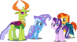 Size: 5488x3000 | Tagged: safe, artist:dashiesparkle, starlight glimmer, sunburst, thorax, trixie, changedling, changeling, pony, unicorn, celestial advice, g4, .svg available, absurd resolution, cape, clothes, coat markings, female, glasses, hat, king thorax, mare, simple background, socks (coat markings), transparent background, trixie's cape, trixie's hat, vector