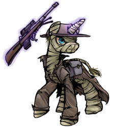 Size: 1280x1414 | Tagged: safe, artist:inlucidreverie, oc, oc only, oc:stranger, pony, unicorn, fallout equestria, bandage, clothes, gun, hat, simple background, transparent background, trenchcoat, weapon