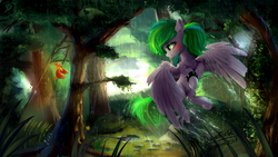 Size: 1920x1080 | Tagged: safe, artist:discordthege, oc, oc only, oc:jade meadow, bird, pegasus, pony, commission, everfree forest, female, mare, rain, scenery, smiling, solo, tree