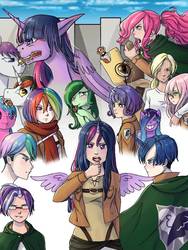 Size: 768x1024 | Tagged: safe, artist:161141, applejack, fluttershy, pinkie pie, princess celestia, princess luna, rainbow dash, rarity, starlight glimmer, twilight sparkle, oc, alicorn, human, pony, g4, anime, attack on titan, clothes, crossover, food, humanized, mane six, potato, rule 63, twilight sparkle (alicorn)