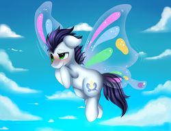 Size: 2927x2245 | Tagged: safe, artist:pridark, soarin', earth pony, pegasus, pony, g4, blushing, butterfly wings, cloud, commission, cute, flying, high res, male, race swap, sky, solo, stallion