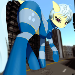 Size: 2400x2400 | Tagged: safe, artist:styroponyworks, oc, oc only, oc:ultramare, earth pony, pony, 3d, blender, building, city, dock, female, giant pony, high res, looking at you, macro, mare, mixed media, solo, street, ultrabutt