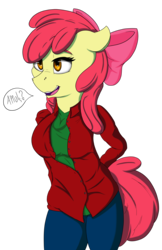 Size: 3850x5950 | Tagged: safe, artist:lula-moonarts, apple bloom, earth pony, anthro, g4, absurd resolution, clothes, dialogue, female, open mouth, pants, question mark, simple background, solo, speech bubble, transparent background