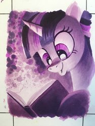 Size: 768x1024 | Tagged: safe, artist:andypriceart, twilight sparkle, pony, unicorn, g4, book, female, limited palette, looking down, smiling, solo, traditional art, watercolor painting