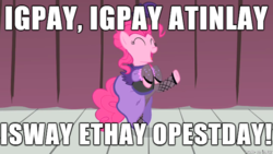 Size: 610x343 | Tagged: safe, pinkie pie, earth pony, pony, g4, clothes, dancing, dress, eyes closed, female, image macro, mare, meme, pig latin, saloon dress, saloon pinkie, singing, spread legs, spreading, teen titans go
