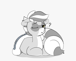 Size: 1280x1029 | Tagged: safe, artist:pabbley, oc, oc only, oc:bandy cyoot, raccoon pony, blanket, cute, one eye closed, question mark, simple background, solo