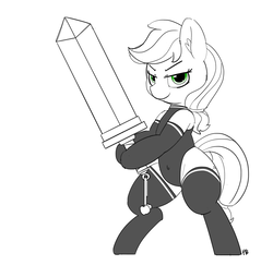 Size: 1280x1245 | Tagged: safe, artist:pabbley, applejack, earth pony, pony, g4, belly button, bipedal, clothes, female, giant sword, legwear, leotard, partial color, simple background, socks, solo, sword, weapon