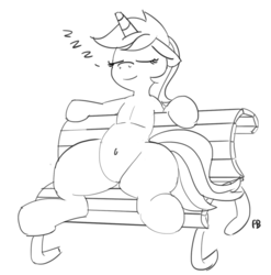 Size: 1280x1294 | Tagged: safe, artist:pabbley, lyra heartstrings, pony, unicorn, g4, belly, belly button, bench, eyes closed, female, meme, monochrome, simple background, sitting, sitting lyra, sleeping, solo, white background, zzz