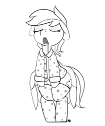 Size: 1280x1522 | Tagged: safe, artist:pabbley, rainbow dash, pony, g4, bipedal, clothes, drool, female, floppy ears, grayscale, monochrome, open mouth, pajamas, sleeping, sleeping while standing, sleepwalking, socks, solo