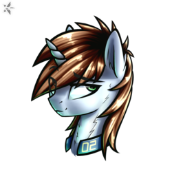 Size: 1000x1000 | Tagged: safe, artist:justafallingstar, oc, oc only, oc:littlepip, pony, unicorn, fallout equestria, bust, clothes, fanfic, fanfic art, female, horn, jumpsuit, mare, portrait, simple background, smiling, solo, transparent background, vault suit
