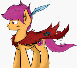 Size: 4000x3531 | Tagged: safe, artist:banned, scootaloo, pony, g4, cape, clothes, feather, female, older, solo