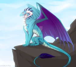 Size: 1280x1129 | Tagged: safe, artist:haskiens, princess ember, dragon, g4, cliff, dragon lord ember, female, older, older ember, queen, sitting, solo, watermark, wings