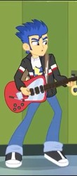 Size: 211x480 | Tagged: safe, screencap, flash sentry, equestria girls, g4, my little pony equestria girls: rainbow rocks, angry, clothes, cropped, electric guitar, guitar, jacket, lockers, male, musical instrument, pants, shoes, sneakers, solo