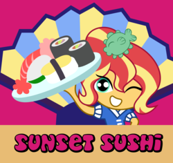 Size: 1000x943 | Tagged: safe, artist:kingdark0001, sunset shimmer, equestria girls, g4, chibi, clothes, cute, doll, equestria girls minis, female, food, hair tie, happi, looking at you, one eye closed, onigiri, seafood, serving tray, shimmerbetes, smiling, solo, sunset sushi, sushi, toy, toy interpretation, wink