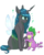 Size: 1512x1900 | Tagged: dead source, safe, artist:shiny-cooler, queen chrysalis, spike, changeling, changeling queen, dragon, g4, baby, baby dragon, cute, cutealis, female, heart, hug, leg hug, male, question mark, raised hoof, ship:chryspike, shipping, simple background, sitting, spikabetes, spikelove, straight, tail wag, white background
