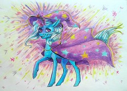 Size: 1200x865 | Tagged: safe, artist:weird--fish, trixie, pony, unicorn, g4, cape, clothes, female, glowing horn, hat, horn, mare, raised hoof, smiling, solo