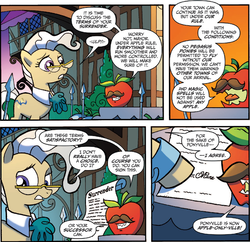 Size: 820x795 | Tagged: safe, idw, official comic, bad apple, mayor mare, earth pony, living apple, pony, g4, night of the living apples, spoiler:comic, spoiler:comic32, apple, comic, facial hair, female, food, male, mare, moustache, spear, speech bubble, surrender, weapon