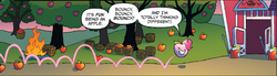 Size: 1141x317 | Tagged: safe, idw, official comic, pinkie pie, living apple, g4, night of the living apples, spoiler:comic, spoiler:comic32, apple, apple (company), apple pinkie, apple tree, bouncing, bucket, female, food, happy, helmet, reference, spear, species swap, speech bubble, tree, weapon