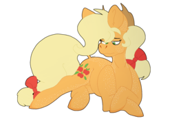 Size: 3508x2480 | Tagged: safe, artist:eleamorbid, applejack, earth pony, pony, g4, applejack's hat, bow, cowboy hat, female, freckles, hair bow, hat, high res, prone, simple background, solo, tail bow, transparent background