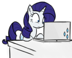 Size: 525x424 | Tagged: safe, artist:bambooharvester, rarity, pony, unicorn, g4, computer, cutie mark, eyelashes, female, horn, laptop computer, simple background, solo, white background, wide eyes