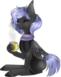 Size: 753x958 | Tagged: safe, artist:poppy-opium, oc, oc only, pegasus, pony, clothes, coffee, eyes closed, female, mare, scarf, simple background, sitting, solo, transparent background