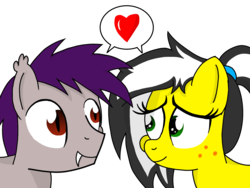 Size: 1600x1200 | Tagged: safe, artist:toyminator900, oc, oc only, oc:coldfire (bat pony), oc:uppercute, bat pony, earth pony, pony, cute, ear fluff, fangs, female, freckles, heart, looking at each other, male, mare, oc x oc, ocbetes, ponytail, shipping, simple background, slit pupils, speech bubble, stallion, straight, transparent background, uppercold
