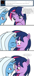 Size: 736x1632 | Tagged: safe, artist:dekomaru, trixie, twilight sparkle, pony, unicorn, tumblr:ask twixie, g4, ask, bedroom eyes, blushing, duo, female, kiss on the lips, kissing, lesbian, looking at each other, ship:twixie, shipping, surprise kiss, tumblr
