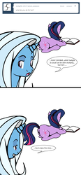 Size: 505x1085 | Tagged: safe, artist:dekomaru, trixie, twilight sparkle, pony, tumblr:ask twixie, g4, ask, butt, female, lesbian, plot, prone, reading, ship:twixie, shipping, the ass was fat, tumblr