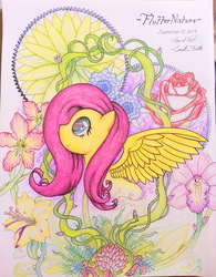 Size: 2403x3073 | Tagged: safe, artist:theonlycountfilth, fluttershy, pony, g4, bright, bust, female, flower, high res, looking up, portrait, profile, solo, spread wings, traditional art, wings