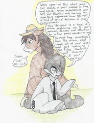 Size: 4976x6480 | Tagged: safe, artist:flicker-show, trouble shoes, oc, oc:flicker show, demon pony, earth pony, hybrid, pony, g4, absurd resolution, dialogue, duo, fangs, hat, male, necktie, sitting, speech bubble, stallion, traditional art
