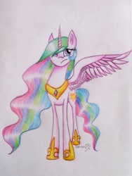 Size: 2029x2703 | Tagged: safe, artist:cahandariella, princess celestia, alicorn, pony, g4, female, high res, jewelry, peytral, simple background, solo, spread wings, traditional art, white background, wings