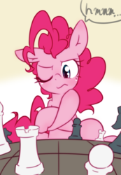 Size: 2147x3109 | Tagged: safe, artist:akainu_pony, pinkie pie, earth pony, pony, g4, chess, crossed hooves, female, high res, mare, one eye closed, solo