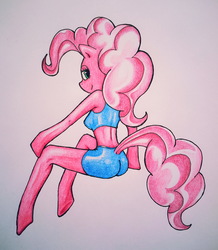 Size: 2334x2676 | Tagged: safe, artist:theonlycountfilth, pinkie pie, earth pony, anthro, unguligrade anthro, g4, arm hooves, clothes, female, high res, midriff, shorts, solo, sports bra, traditional art