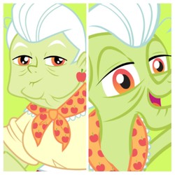Size: 1024x1024 | Tagged: safe, edit, edited screencap, screencap, granny smith, earth pony, pony, equestria girls, g4, comparison, looking at you, smiling