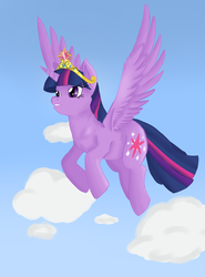 Size: 864x1165 | Tagged: safe, artist:jbond, artist:longinius, color edit, edit, twilight sparkle, alicorn, pony, g4, big crown thingy, colored, element of magic, elements of harmony, female, flying, jewelry, mare, painting, regalia, solo, twilight sparkle (alicorn)