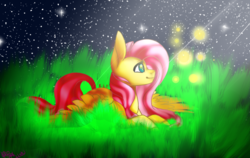 Size: 738x465 | Tagged: safe, artist:blitsazalisdash, artist:purple-owo, fluttershy, pegasus, pony, g4, collaboration, female, grass, mare, night, night sky, prone, solo