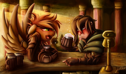 Size: 1250x736 | Tagged: safe, artist:jamescorck, oc, oc only, oc:bracer, oc:mcfinnigan the mage, human, pegasus, pony, emw:mmmm, alcohol, bar, blushing, clothes, commission, drink, drunk, duo, female, fingerless gloves, floppy ears, gloves, mare, mug, open mouth, signature, smiling