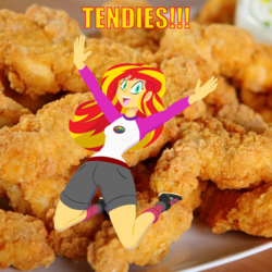Size: 2000x2000 | Tagged: safe, artist:7los7, artist:dwk, sunset shimmer, equestria girls, g4, beautiful, boots, camp everfree outfits, chicken meat, chicken tenders, clothes, female, food, fried chicken, happy, high res, meat, shorts, socks, solo