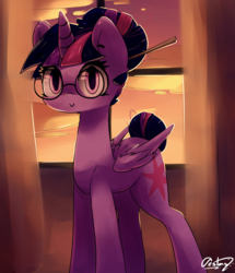 Size: 3139x3652 | Tagged: safe, artist:luxaestas, twilight sparkle, alicorn, pony, g4, afternoon, alternate hairstyle, cloud, cute, female, glasses, hair bun, high res, looking at you, mare, sky, smiling, solo, twiabetes, twilight sparkle (alicorn), window