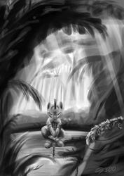 Size: 1280x1811 | Tagged: safe, artist:desertfox500, zecora, zebra, g4, 30 minute art challenge, balancing, everfree forest, female, forest, grayscale, lineless, meditating, monochrome, painting, pond, solo, staff, water