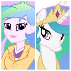 Size: 1024x1024 | Tagged: safe, edit, edited screencap, screencap, princess celestia, principal celestia, alicorn, pony, equestria girls, g4, comparison, crown, jewelry, looking at you, regalia, smiling