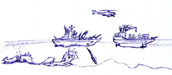 Size: 3069x1347 | Tagged: safe, artist:milesseventh, oc, oc only, pony, unicorn, battleship, cargo ship, harpoon, helicopter, macro, monochrome, shipping, solo, submarine, underwater