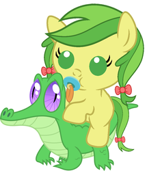 Size: 811x942 | Tagged: safe, artist:red4567, apple fritter, gummy, pony, g4, apple family member, baby, baby pony, cute, pacifier, ponies riding gators, riding