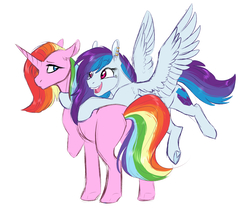 Size: 2845x2395 | Tagged: safe, artist:vindhov, oc, oc only, oc:rainbow thread, pegasus, pony, unicorn, amputee, butt, colored pupils, commission, duo, ear piercing, female, floppy ears, flying, high res, hug, looking back, magical lesbian spawn, mare, missing limb, multicolored hair, offspring, open mouth, parent:rainbow dash, parent:rarity, parents:raridash, piercing, plot, rainbow hair, simple background, sisters, smiling, white background