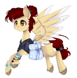 Size: 1425x1445 | Tagged: safe, artist:clefficia, oc, oc only, oc:clarity, pegasus, pony, clothes, commission, female, flying, freckles, hair bun, mare, point commission, simple background, smiling, solo, spread wings, transparent background, wings