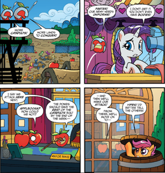 Size: 850x894 | Tagged: safe, idw, official comic, bad apple, rarity, scootaloo, living apple, pony, unicorn, g4, night of the living apples, spoiler:comic, spoiler:comic32, apple, background pony, barbed wire, barrel, catapult, comic, female, filly, foal, food, helmet, mare, monocle, sewing machine, spear, speech bubble, unnamed character, unnamed pony, watchtower, weapon